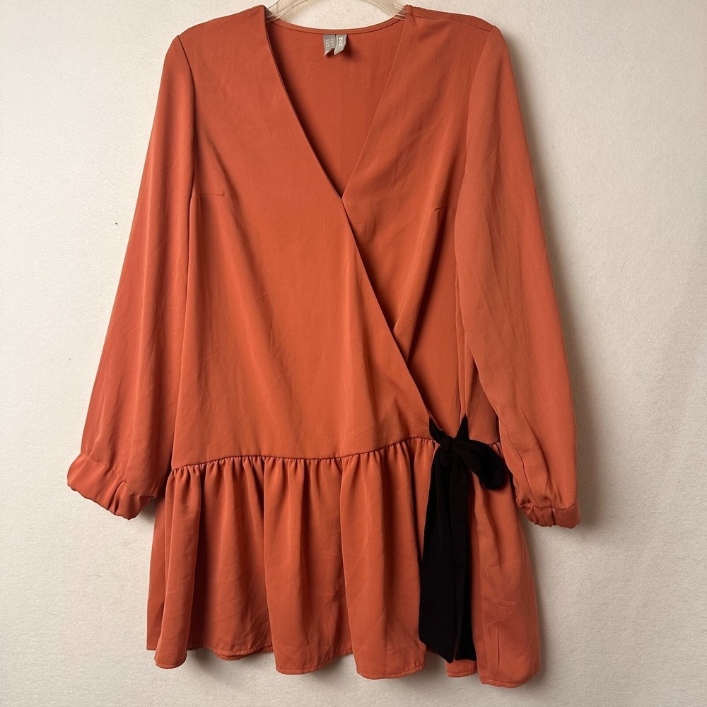 ASOS Women‎ Rust Orange Wrap Peplum Blouse Long Sleeve Black Tie Waist Top US 6
